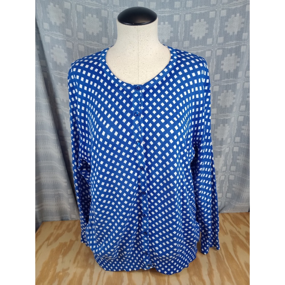 Gnw Womens Shirt Size Xl Blue White Diamond Pattern Long Sleeve Button Up